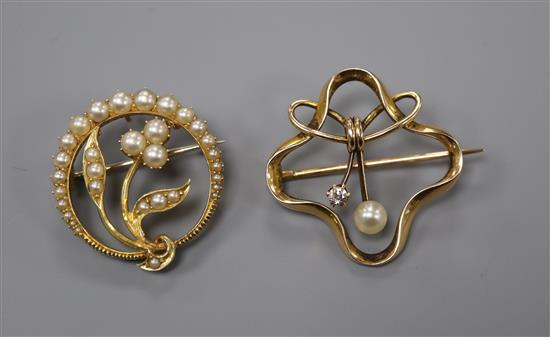 An Art Nouveau yellow metal, diamond and split pearl set brooch and a yellow metal and split pearl set brooch, gross 10.8 grams.